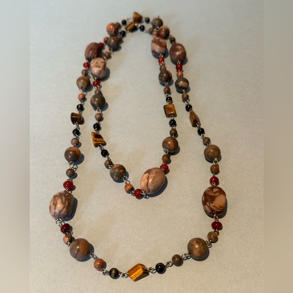 Elegant Beaded Necklace In Earth Tones 45”